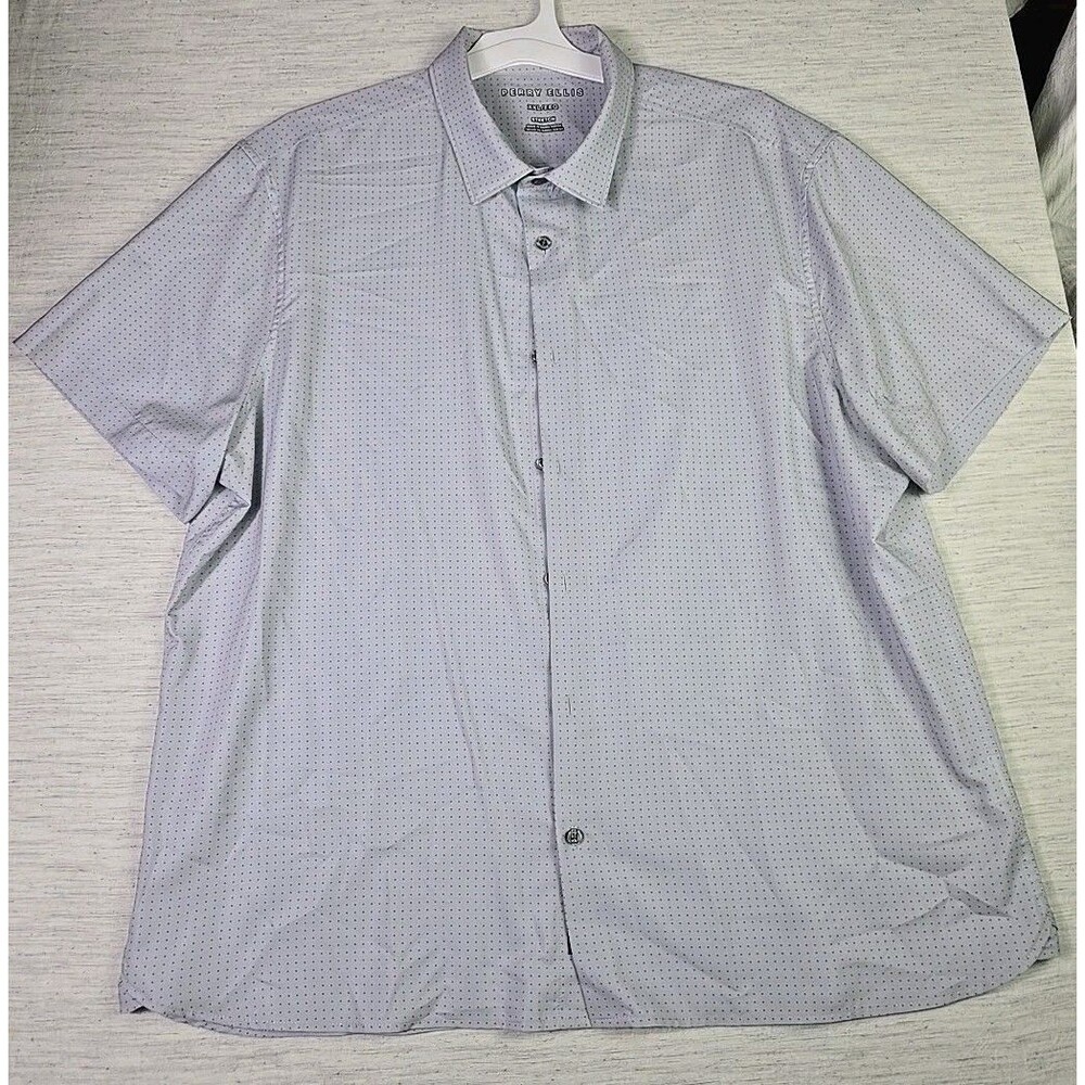 Perry Ellis Men’s XXL Stretch Button Down Shirt Gray Orange Polka Dot